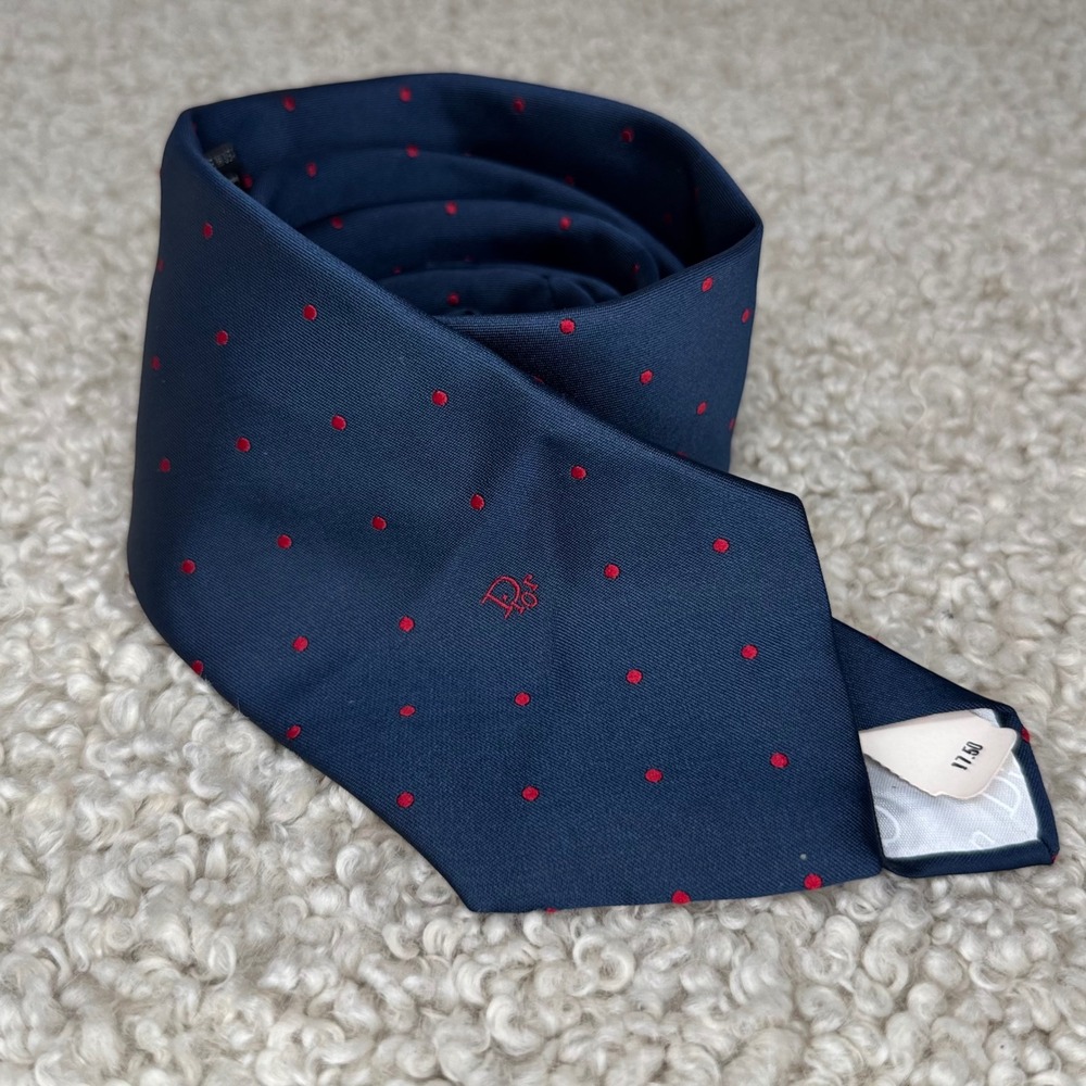 Vtg Deadstock Christian Dior Mens Navy Blue Red Polka Dot Tie Made in USA